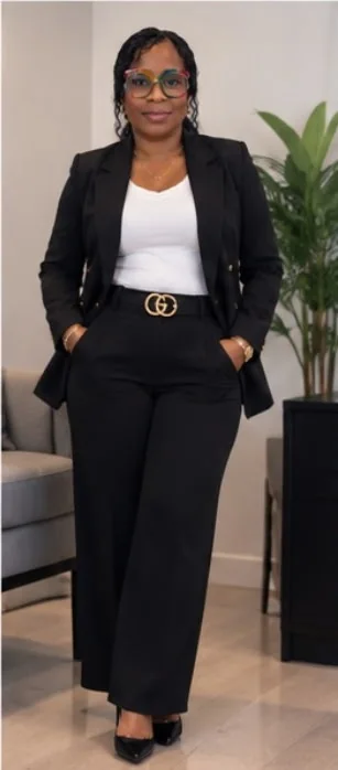 The business owner of Quality Taxes and Multiservices, wearing a black suit