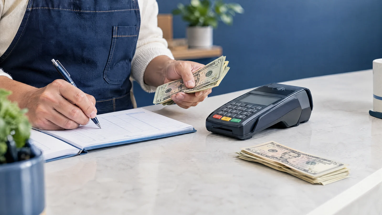 Illustration of a small business recording cash receipts and electronic payments.