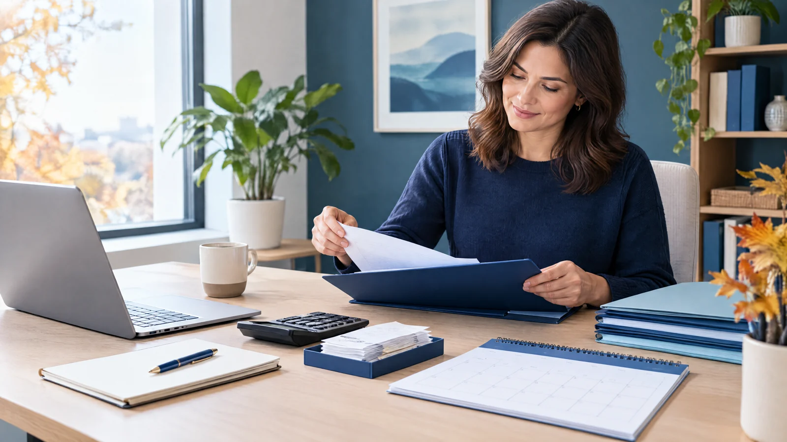 Illustration of a business owner organizing receipts, a calendar and financial records.